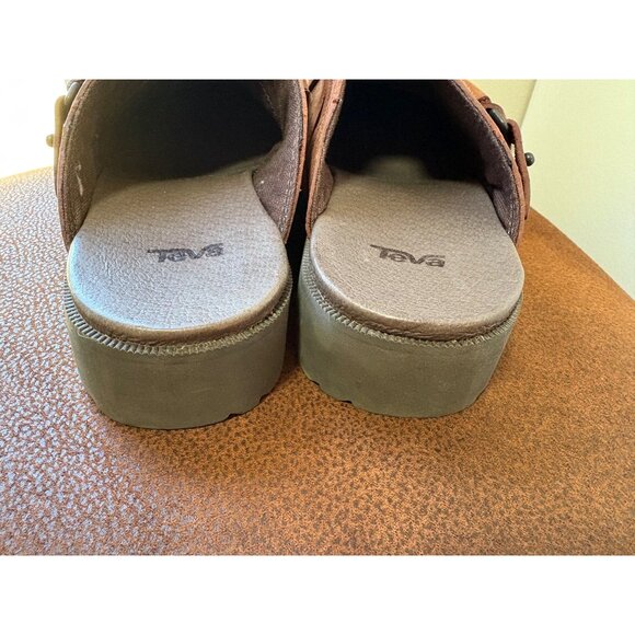 TEVA DELAVINA LEATHER BROWN WOMENS SLIP ON BUCKLE MULE CLOG SHOES SIZE 7.5 - Picture 8 of 11